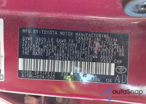 2005 Toyota Corolla Xrs z USA, uszkodzony, nr VIN 2T1BY32E15C395069